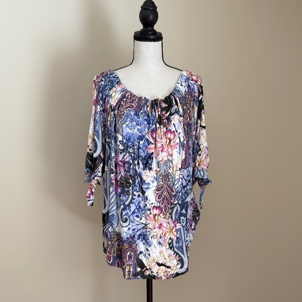 Cupio Floral Knit Gathered or Off Shoulder Neckline Knit Top Blouse Women L